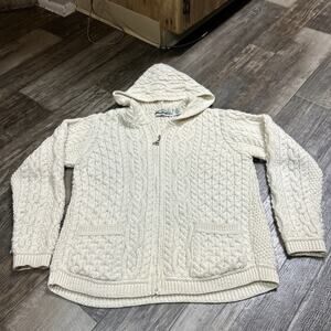 Aran Crafts Ireland 100% Merino Wool Sweater Cardigan Size M Beige Hoodie Zip